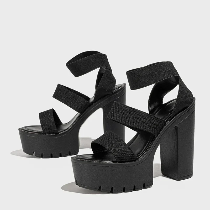 Liyke Punk Style Chunky High Heels Platform Sandals Women Open Toe Slip on Stretch Ankle Strap Summer Shoes Female Liyke Punk Style Chunky High Heels Platform Sandals Women Open Toe Slip on Stretch Ankle Strap Summer Shoes Female