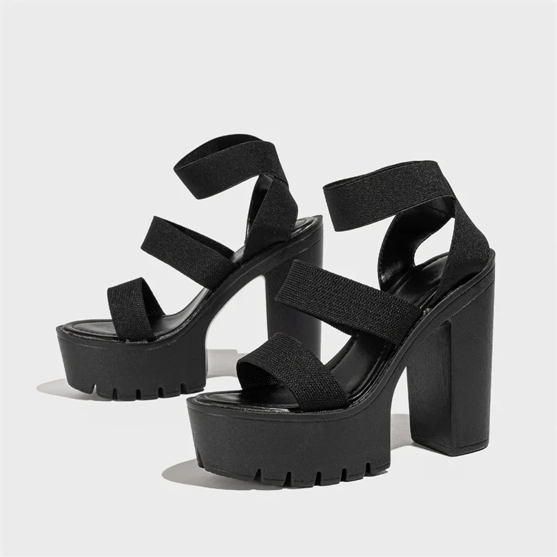 Liyke Punk Style Chunky High Heels Platform Sandals Women Open Toe Slip on Stretch Ankle Strap Summer Shoes Female