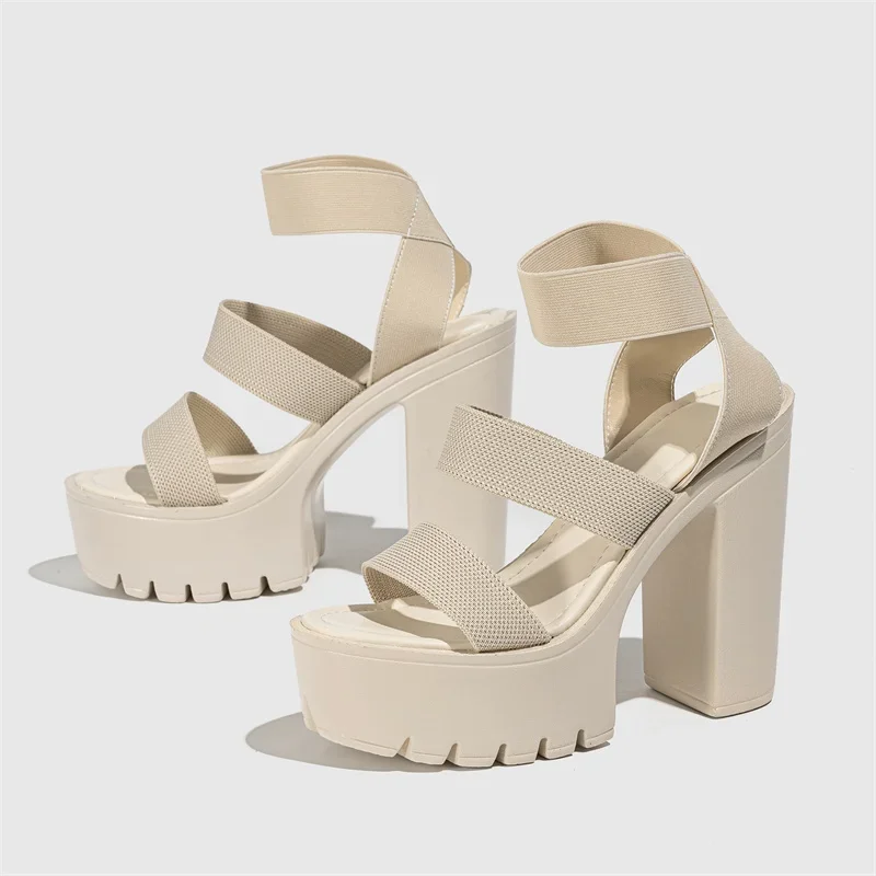 Liyke Punk Style Chunky High Heels Platform Sandals Women Open Toe Slip on Stretch Ankle Strap Summer Shoes Female