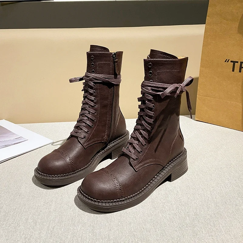 Boots Women 2025 New Fall Vintage Ladies Boots British Style Lace-up Large Size 41-43 Women's Booties Boots Women 2025 New Fall Vintage Ladies Boots British Style Lace-up Large Size 41-43 Women's Booties