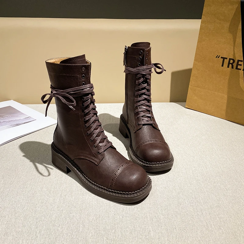 Boots Women 2025 New Fall Vintage Ladies Boots British Style Lace-up Large Size 41-43 Women's Booties Boots Women 2025 New Fall Vintage Ladies Boots British Style Lace-up Large Size 41-43 Women's Booties