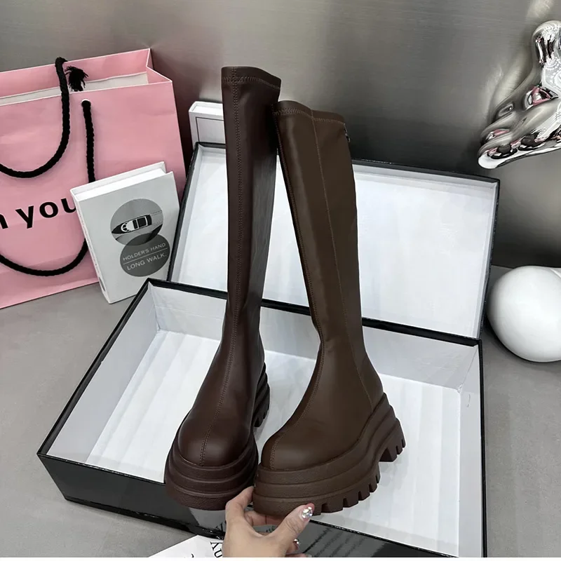 Winter Women Knight High Boots Fashion Back Zippers Ladies Elegant Platform Flats Long Booties Short Plush Women's Footwear