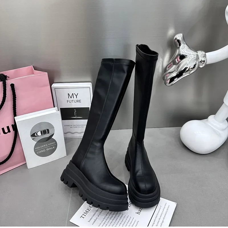 Winter Women Knight High Boots Fashion Back Zippers Ladies Elegant Platform Flats Long Booties Short Plush Women's Footwear