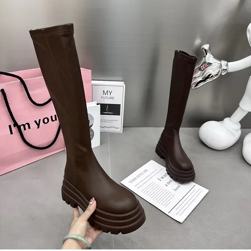 Winter Women Knight High Boots Fashion Back Zippers Ladies Elegant Platform Flats Long Booties Short Plush Women's Footwear