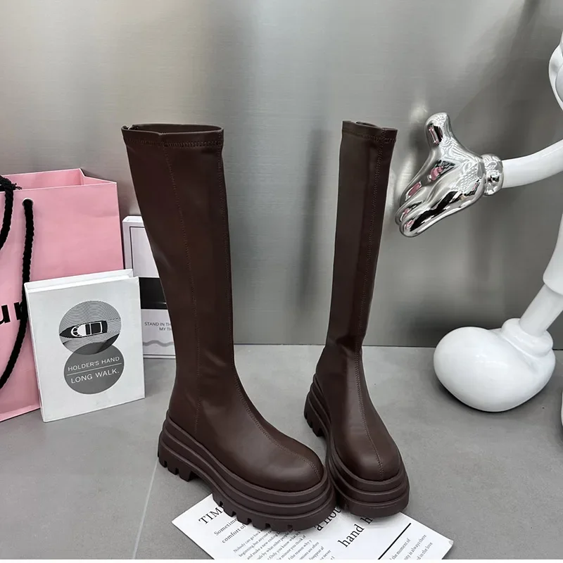 Winter Women Knight High Boots Fashion Back Zippers Ladies Elegant Platform Flats Long Booties Short Plush Women's Footwear