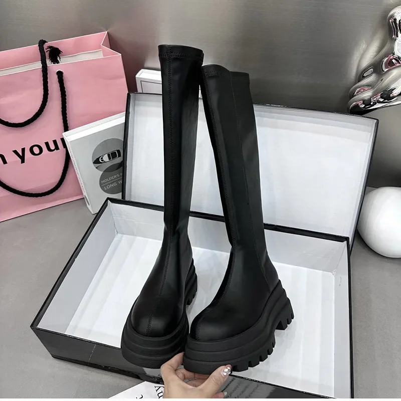 Winter Women Knight High Boots Fashion Back Zippers Ladies Elegant Platform Flats Long Booties Short Plush Women's Footwear