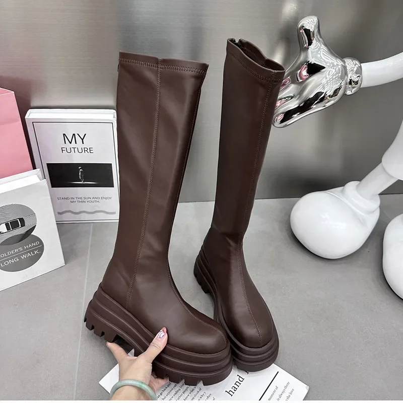 Winter Women Knight High Boots Fashion Back Zippers Ladies Elegant Platform Flats Long Booties Short Plush Women's Footwear