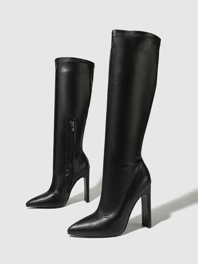 Autumn Winter Soft Leather High Heels Knee-High Boots Women Fashion Pointed Toe Party Pumps Shoes Zapatos De Mujer