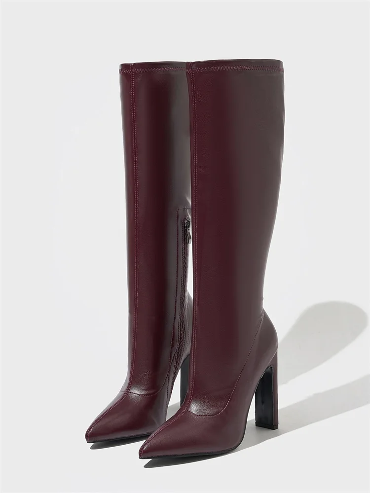 Autumn Winter Soft Leather High Heels Knee-High Boots Women Fashion Pointed Toe Party Pumps Shoes Zapatos De Mujer