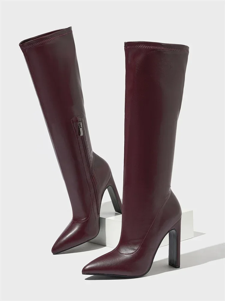 Autumn Winter Soft Leather High Heels Knee-High Boots Women Fashion Pointed Toe Party Pumps Shoes Zapatos De Mujer