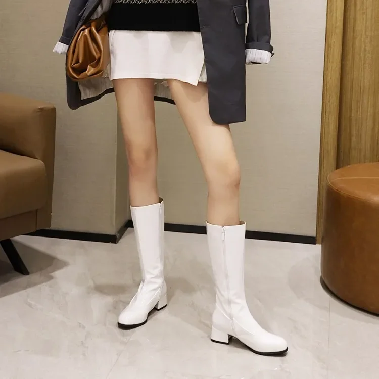 Lady Waterproof Zip Leather Long Boots Knee High Botas Winter Sqare Heels 4cm Square Toe Shoes Plus Size 33-48 Wide Fits White