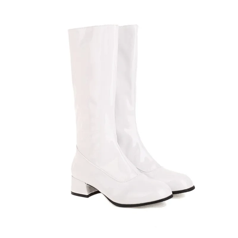 Lady Waterproof Zip Leather Long Boots Knee High Botas Winter Sqare Heels 4cm Square Toe Shoes Plus Size 33-48 Wide Fits White