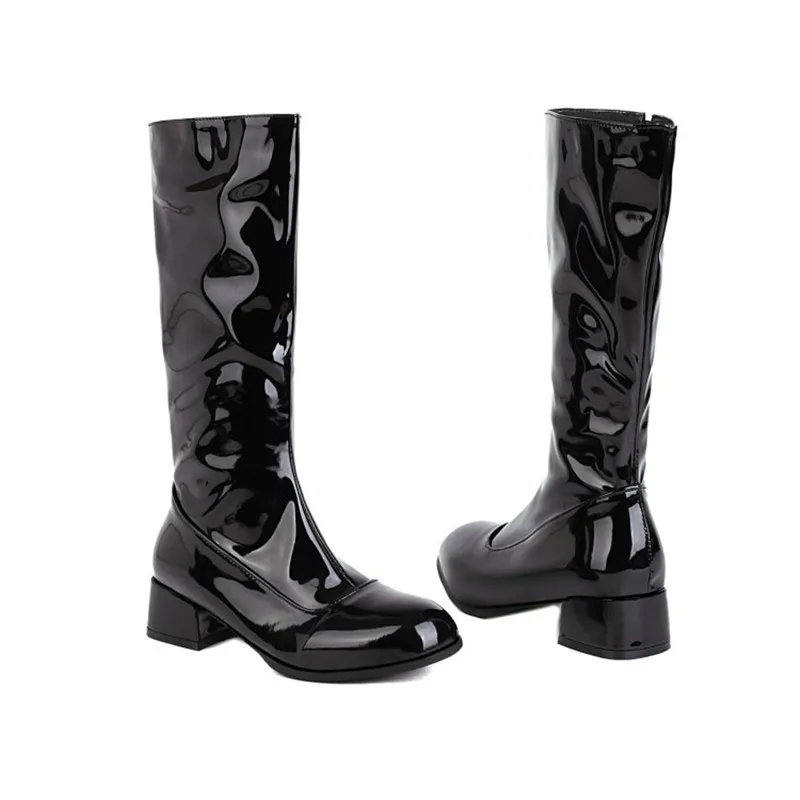 Lady Waterproof Zip Leather Long Boots Knee High Botas Winter Sqare Heels 4cm Square Toe Shoes Plus Size 33-48 Wide Fits White