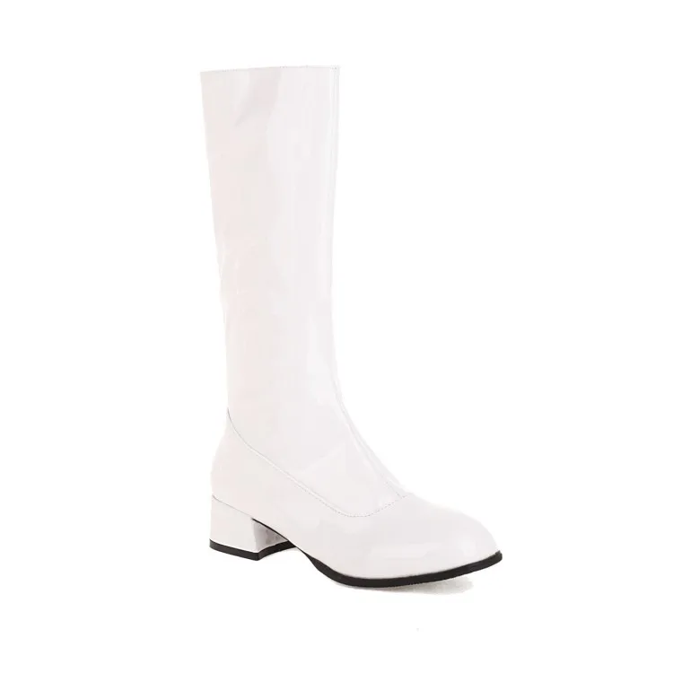 Lady Waterproof Zip Leather Long Boots Knee High Botas Winter Sqare Heels 4cm Square Toe Shoes Plus Size 33-48 Wide Fits White