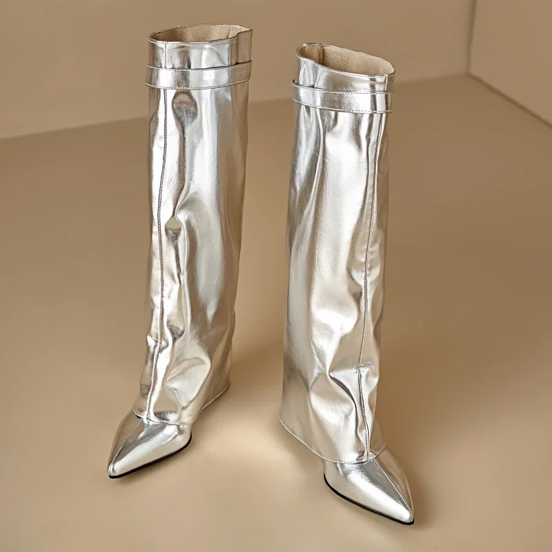 Sexy Wedge Knee High Boots for Women Turned-over Silver Gold Long Boot Heels Party Shoes Lady Big Size 48 Footwear Sexy Wedge Knee High Boots for Women Turned-over Silver Gold Long Boot Heels Party Shoes Lady Big Size 48 Footwear