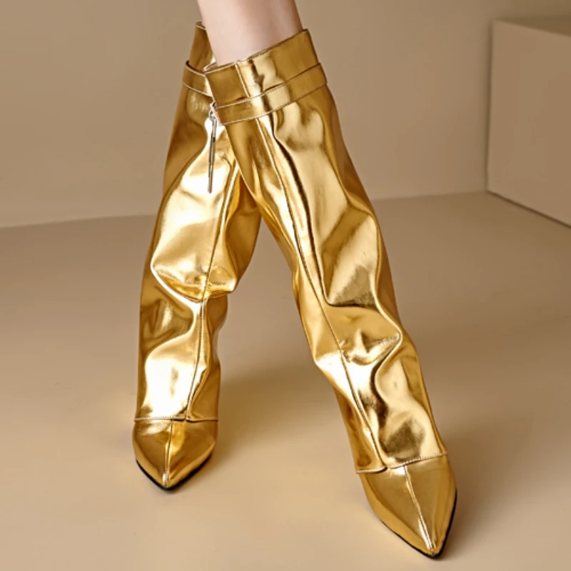 Sexy Wedge Knee High Boots for Women Turned-over Silver Gold Long Boot Heels Party Shoes Lady Big Size 48 Footwear Sexy Wedge Knee High Boots for Women Turned-over Silver Gold Long Boot Heels Party Shoes Lady Big Size 48 Footwear