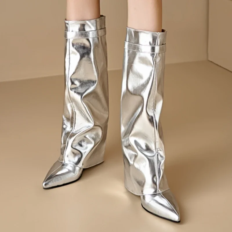 Sexy Wedge Knee High Boots for Women Turned-over Silver Gold Long Boot Heels Party Shoes Lady Big Size 48 Footwear Sexy Wedge Knee High Boots for Women Turned-over Silver Gold Long Boot Heels Party Shoes Lady Big Size 48 Footwear