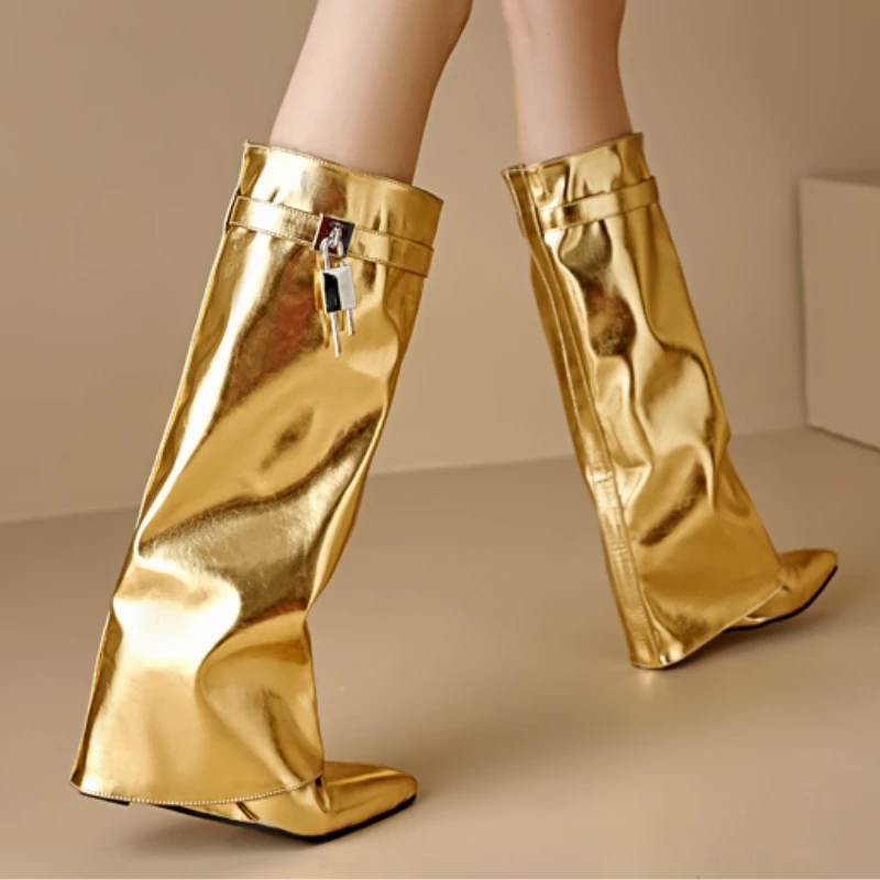 Sexy Wedge Knee High Boots for Women Turned-over Silver Gold Long Boot Heels Party Shoes Lady Big Size 48 Footwear