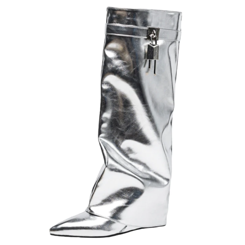 Sexy Wedge Knee High Boots for Women Turned-over Silver Gold Long Boot Heels Party Shoes Lady Big Size 48 Footwear