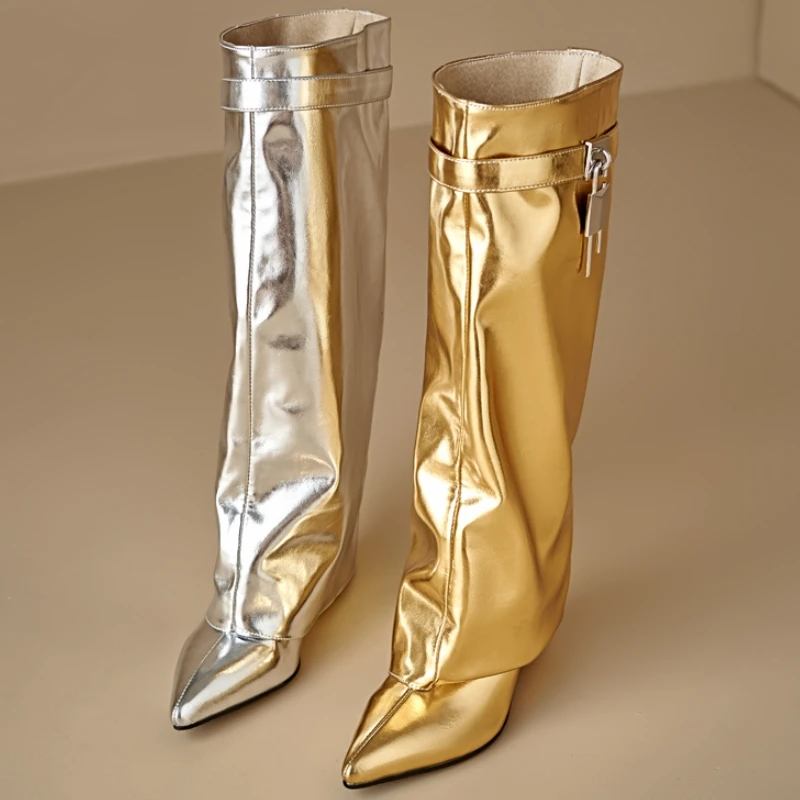 Sexy Wedge Knee High Boots for Women Turned-over Silver Gold Long Boot Heels Party Shoes Lady Big Size 48 Footwear Sexy Wedge Knee High Boots for Women Turned-over Silver Gold Long Boot Heels Party Shoes Lady Big Size 48 Footwear