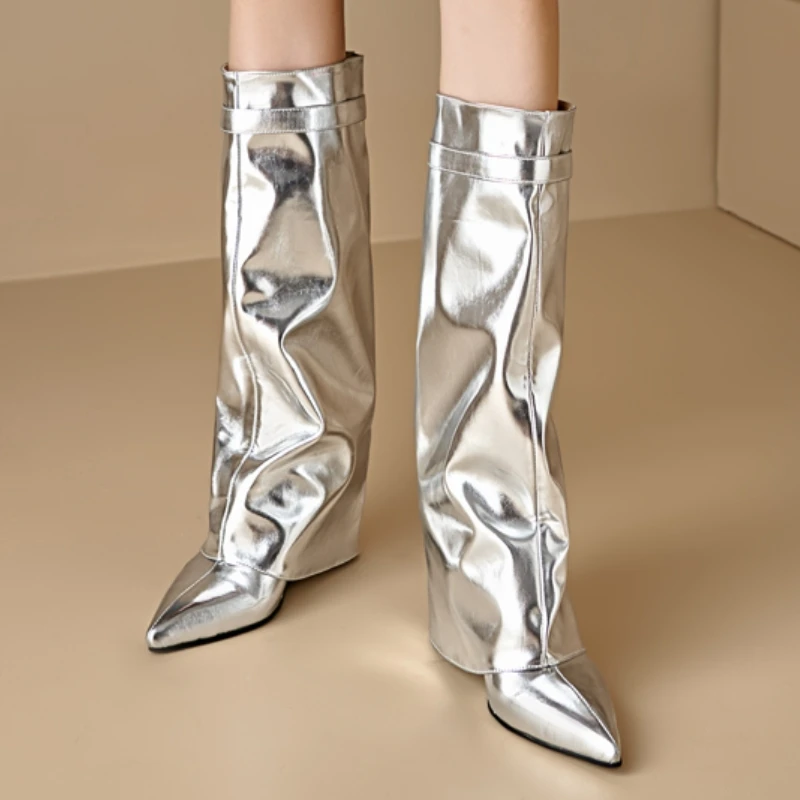 Sexy Wedge Knee High Boots for Women Turned-over Silver Gold Long Boot Heels Party Shoes Lady Big Size 48 Footwear