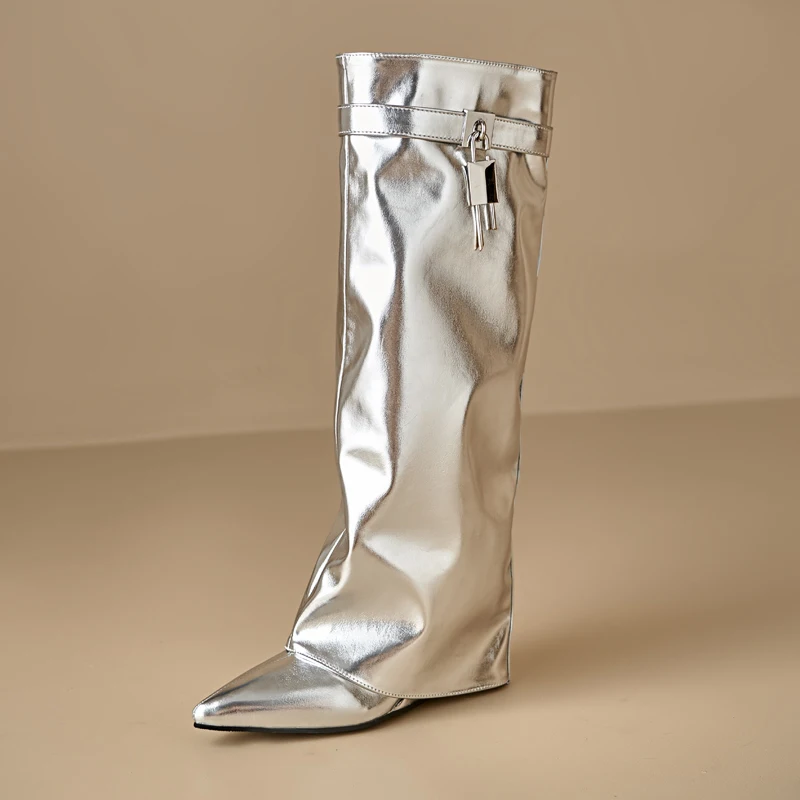Sexy Wedge Knee High Boots for Women Turned-over Silver Gold Long Boot Heels Party Shoes Lady Big Size 48 Footwear Sexy Wedge Knee High Boots for Women Turned-over Silver Gold Long Boot Heels Party Shoes Lady Big Size 48 Footwear