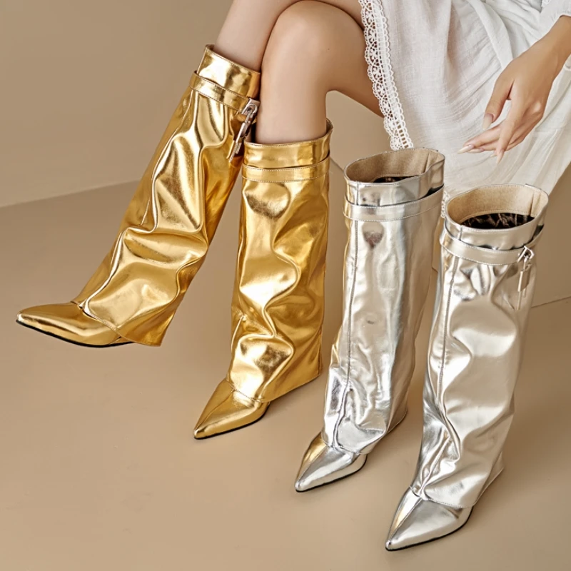 Sexy Wedge Knee High Boots for Women Turned-over Silver Gold Long Boot Heels Party Shoes Lady Big Size 48 Footwear Sexy Wedge Knee High Boots for Women Turned-over Silver Gold Long Boot Heels Party Shoes Lady Big Size 48 Footwear