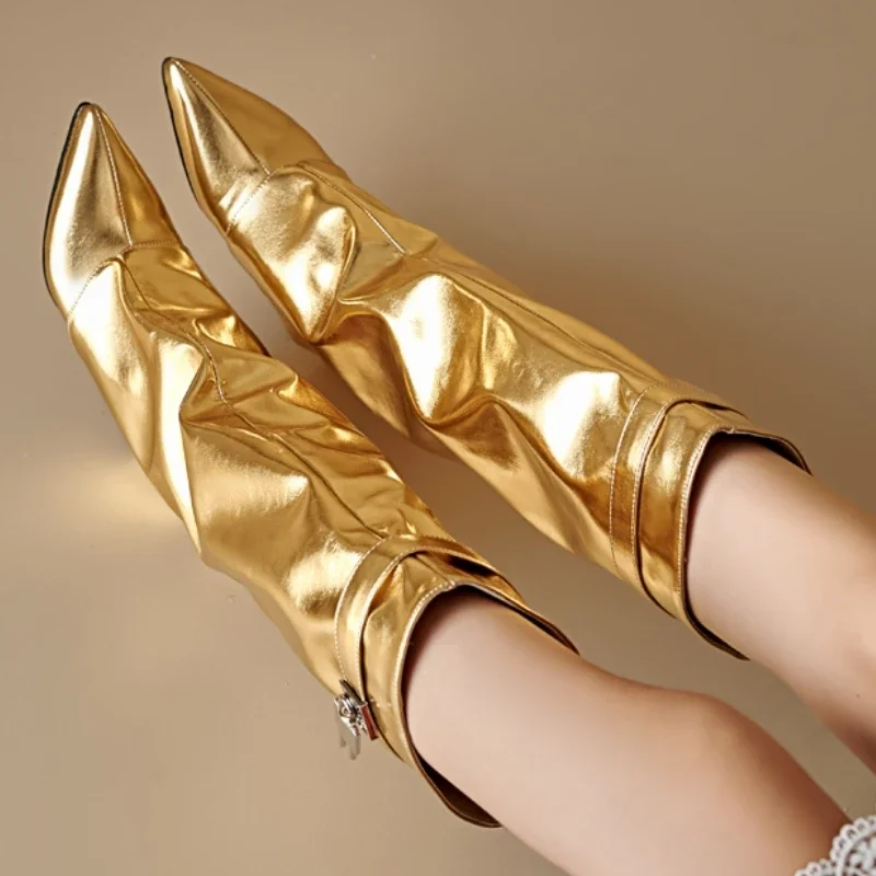 Sexy Wedge Knee High Boots for Women Turned-over Silver Gold Long Boot Heels Party Shoes Lady Big Size 48 Footwear Sexy Wedge Knee High Boots for Women Turned-over Silver Gold Long Boot Heels Party Shoes Lady Big Size 48 Footwear