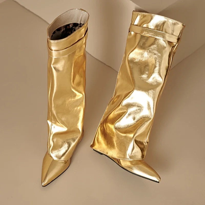 Sexy Wedge Knee High Boots for Women Turned-over Silver Gold Long Boot Heels Party Shoes Lady Big Size 48 Footwear Sexy Wedge Knee High Boots for Women Turned-over Silver Gold Long Boot Heels Party Shoes Lady Big Size 48 Footwear