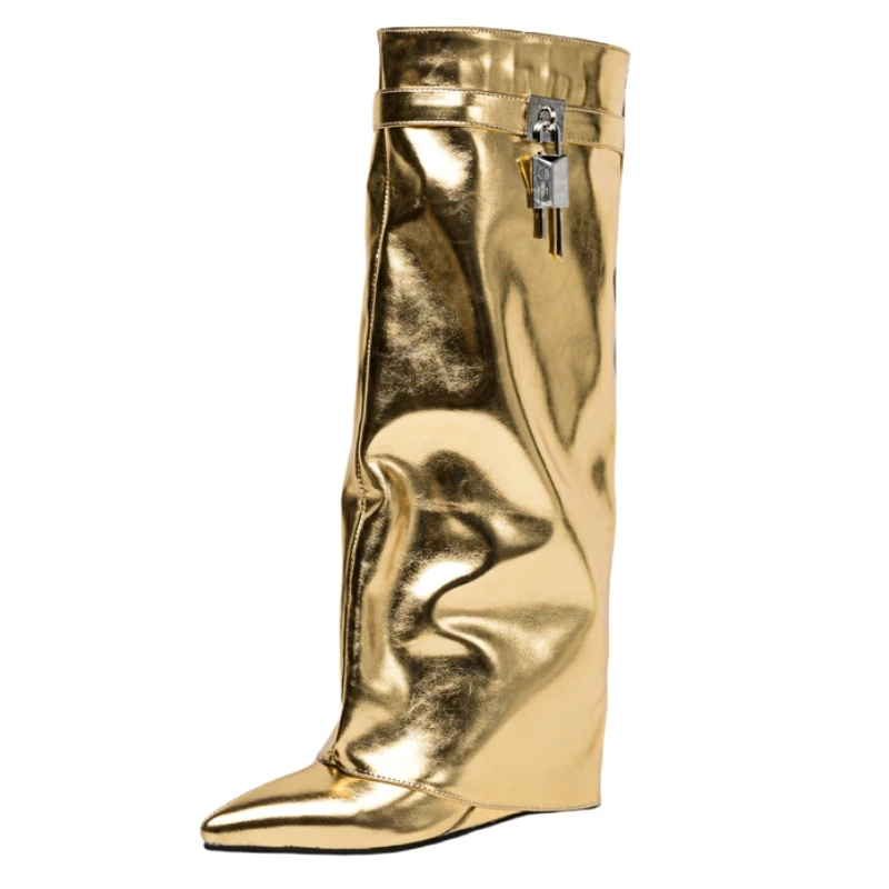 Sexy Wedge Knee High Boots for Women Turned-over Silver Gold Long Boot Heels Party Shoes Lady Big Size 48 Footwear Sexy Wedge Knee High Boots for Women Turned-over Silver Gold Long Boot Heels Party Shoes Lady Big Size 48 Footwear