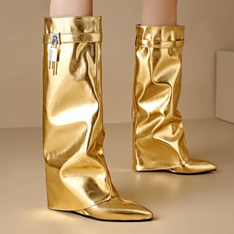 Sexy Wedge Knee High Boots for Women Turned-over Silver Gold Long Boot Heels Party Shoes Lady Big Size 48 Footwear Sexy Wedge Knee High Boots for Women Turned-over Silver Gold Long Boot Heels Party Shoes Lady Big Size 48 Footwear