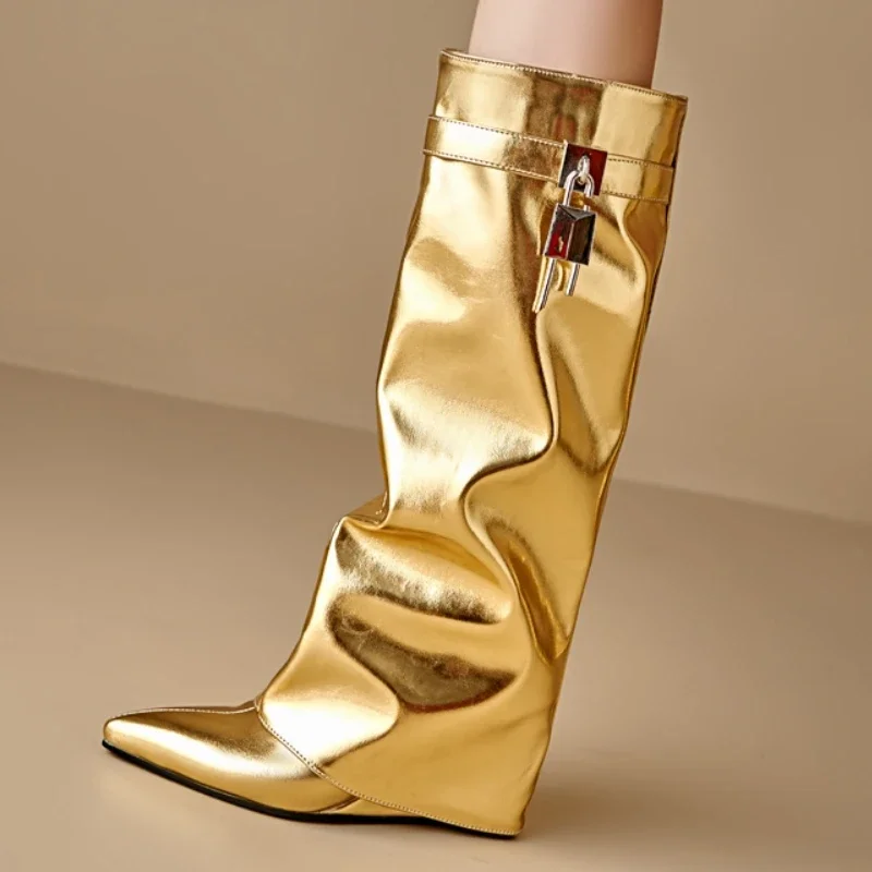 Sexy Wedge Knee High Boots for Women Turned-over Silver Gold Long Boot Heels Party Shoes Lady Big Size 48 Footwear Sexy Wedge Knee High Boots for Women Turned-over Silver Gold Long Boot Heels Party Shoes Lady Big Size 48 Footwear