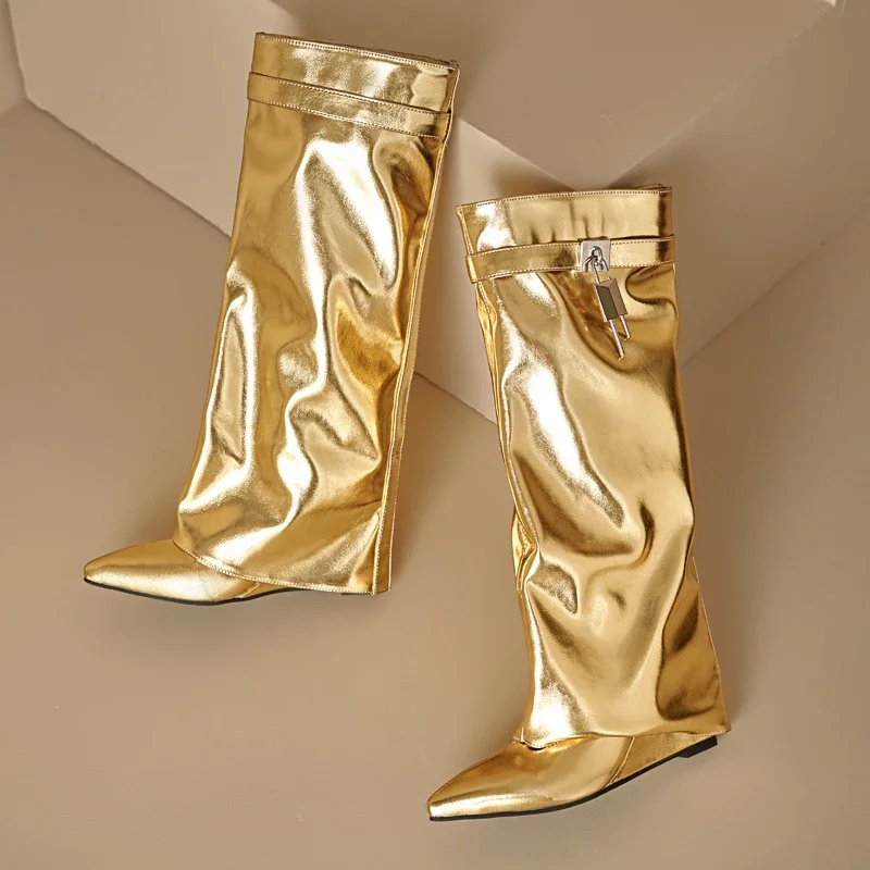 Sexy Wedge Knee High Boots for Women Turned-over Silver Gold Long Boot Heels Party Shoes Lady Big Size 48 Footwear Sexy Wedge Knee High Boots for Women Turned-over Silver Gold Long Boot Heels Party Shoes Lady Big Size 48 Footwear