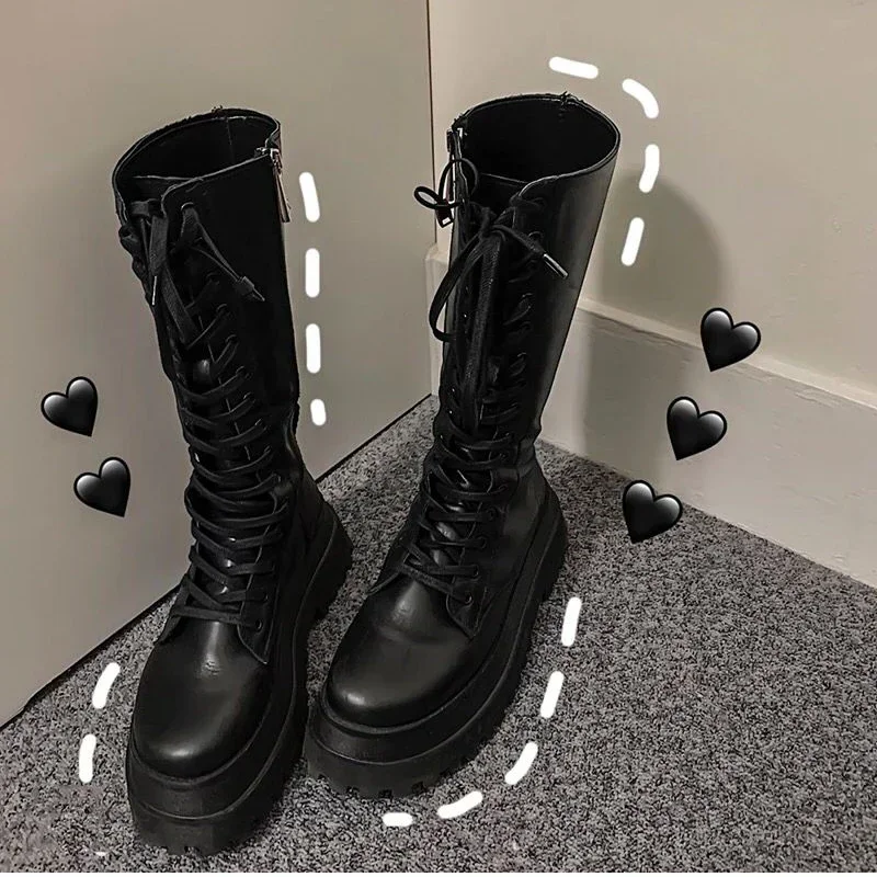 Chunky Women Motorcycle High Boots Fashion Lace Up Long Boots Platform Flats Autumn Winter Ladies Shoes