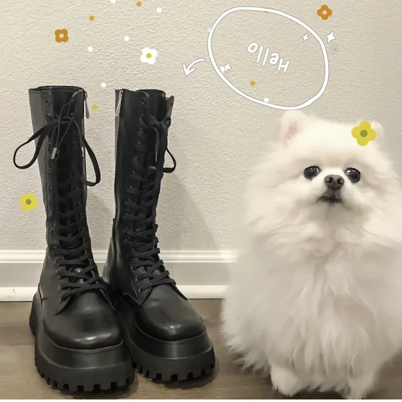 Chunky Women Motorcycle High Boots Fashion Lace Up Long Boots Platform Flats Autumn Winter Ladies Shoes Chunky Women Motorcycle High Boots Fashion Lace Up Long Boots Platform Flats Autumn Winter Ladies Shoes