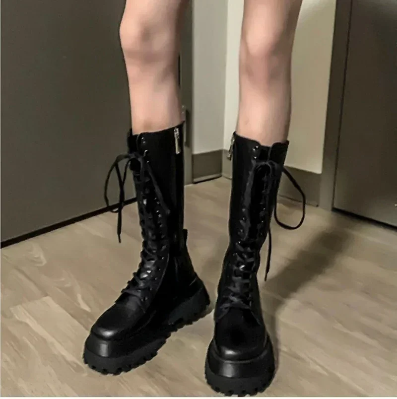 Chunky Women Motorcycle High Boots Fashion Lace Up Long Boots Platform Flats Autumn Winter Ladies Shoes