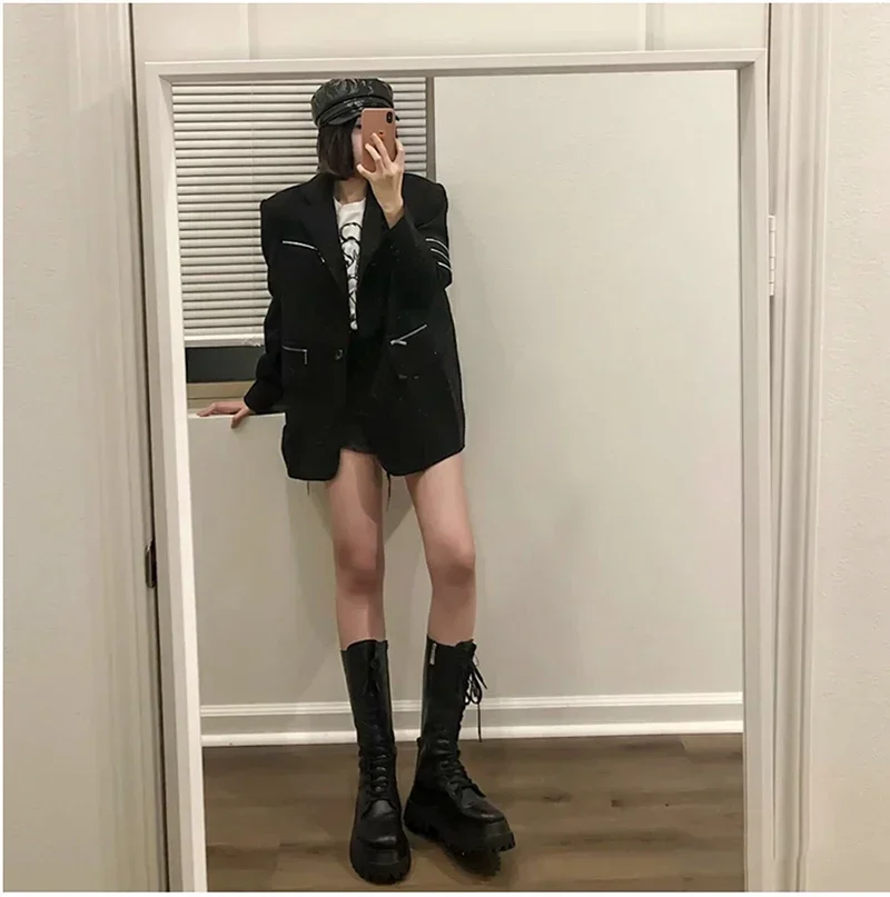 Chunky Women Motorcycle High Boots Fashion Lace Up Long Boots Platform Flats Autumn Winter Ladies Shoes