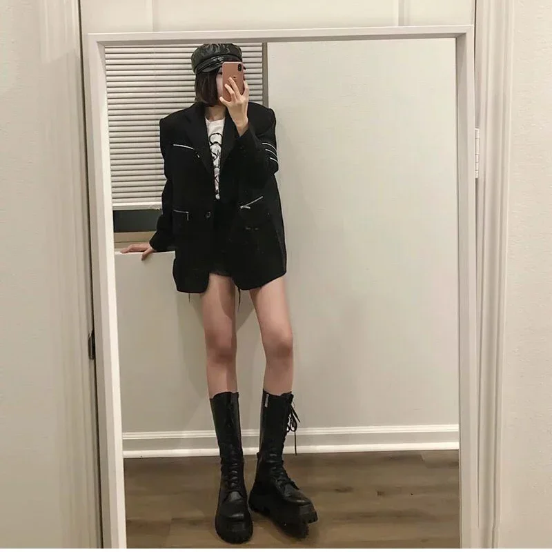 Chunky Women Motorcycle High Boots Fashion Lace Up Long Boots Platform Flats Autumn Winter Ladies Shoes