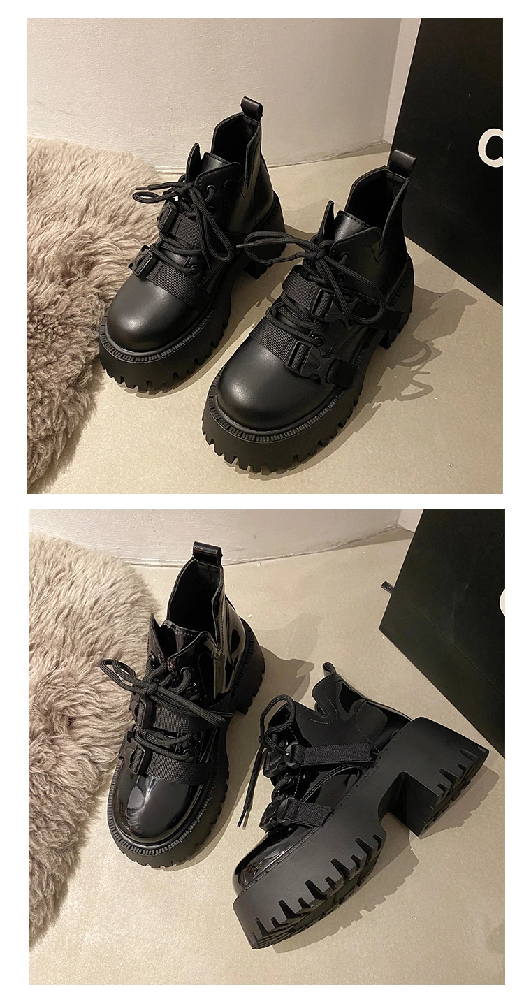 Black Riding Boots Women Autumn New Thick Soles with British Style Booties Sweet Cool Little Booties Platform Shoes Western Black Riding Boots Women Autumn New Thick Soles with British Style Booties Sweet Cool Little Booties Platform Shoes Western