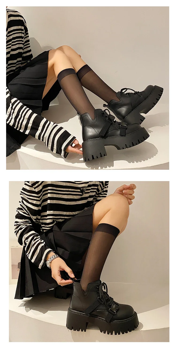 Black Riding Boots Women Autumn New Thick Soles with British Style Booties Sweet Cool Little Booties Platform Shoes Western Black Riding Boots Women Autumn New Thick Soles with British Style Booties Sweet Cool Little Booties Platform Shoes Western