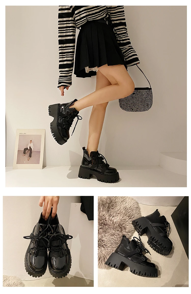 Black Riding Boots Women Autumn New Thick Soles with British Style Booties Sweet Cool Little Booties Platform Shoes Western Black Riding Boots Women Autumn New Thick Soles with British Style Booties Sweet Cool Little Booties Platform Shoes Western