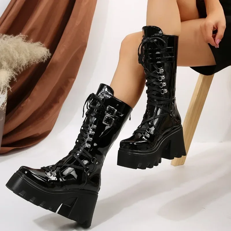 Winter 2025 New Women's Fashion Mid Tube Boots Lace Up High Platform Wedge Boots New Women's Fashion Solid Color Boots