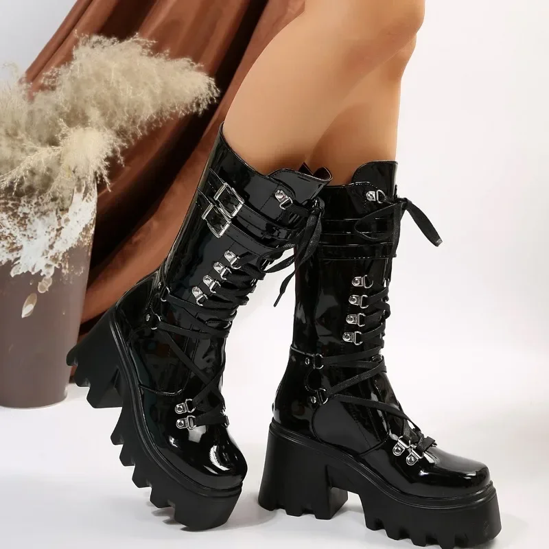 Winter 2025 New Women's Fashion Mid Tube Boots Lace Up High Platform Wedge Boots New Women's Fashion Solid Color Boots