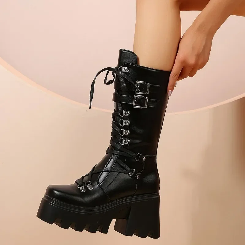 Winter 2025 New Women's Fashion Mid Tube Boots Lace Up High Platform Wedge Boots New Women's Fashion Solid Color Boots