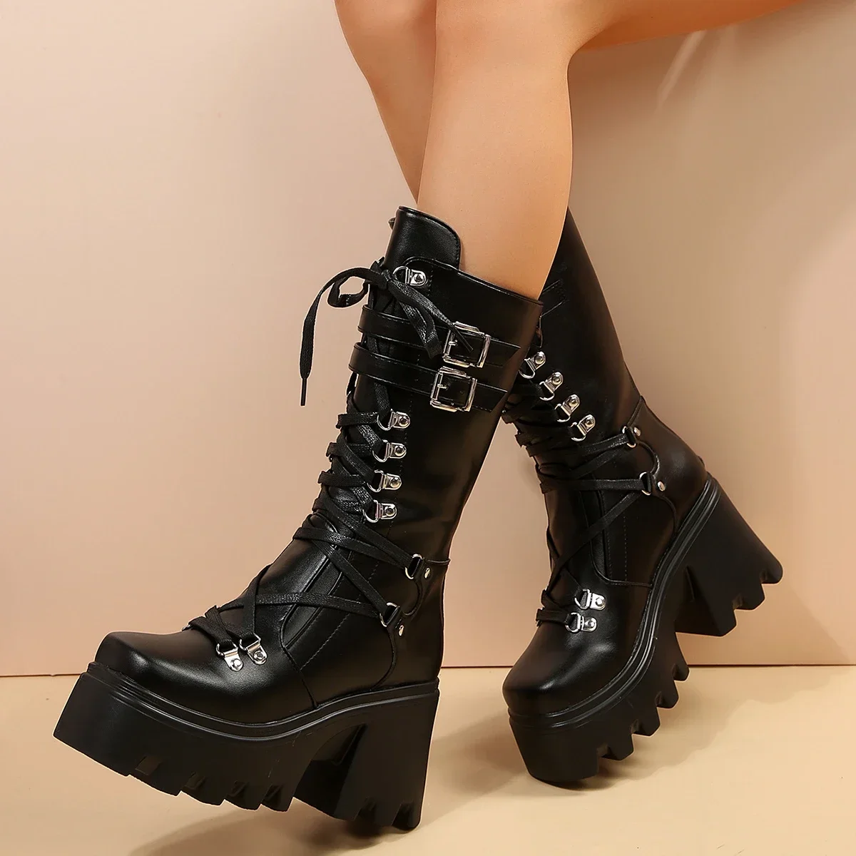 Winter 2025 New Women's Fashion Mid Tube Boots Lace Up High Platform Wedge Boots New Women's Fashion Solid Color Boots