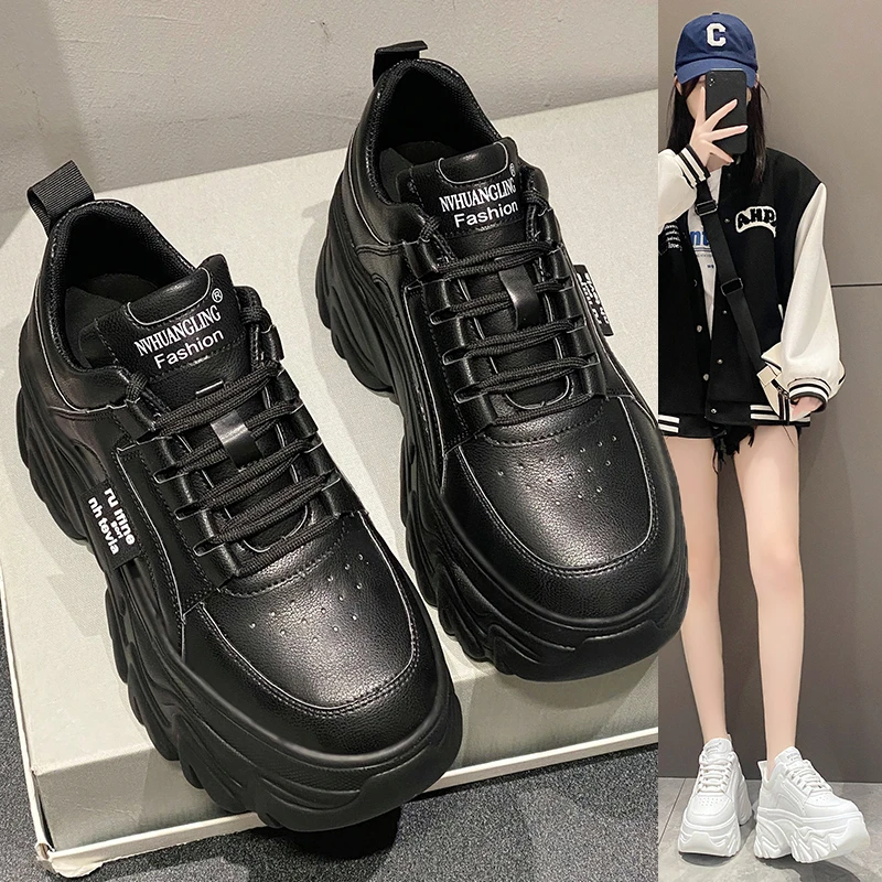 White Black Chunky Sneakers Women Spring Autumn Thick Bottom Dad Shoes Woman Fashion PU Leather Platform Sneakers Ladies Tennis