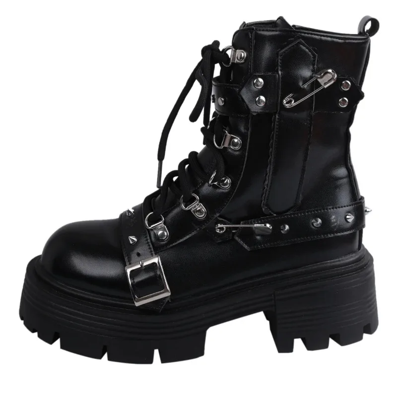 New Women's Rivet Chain Design Short Boots Gothic Shoes Street Fashion Lady Rock Boots Metal Decor Punk Style Women Shoes