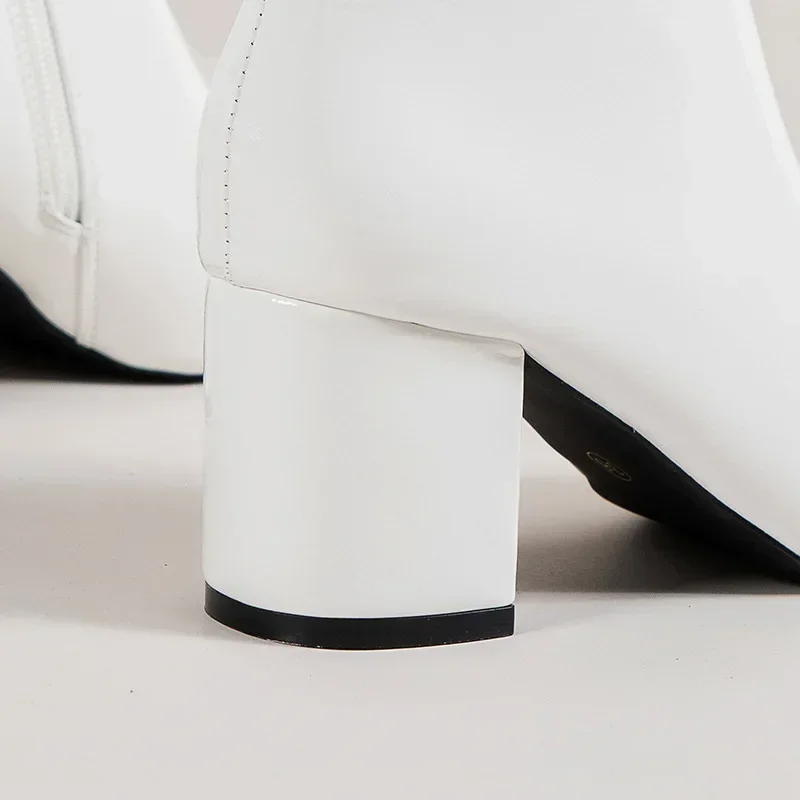 White Ankle Boots for Women  Side Zipper Stretch Middle Heel Large Size Short Boot Fashion Pointed Shoes
