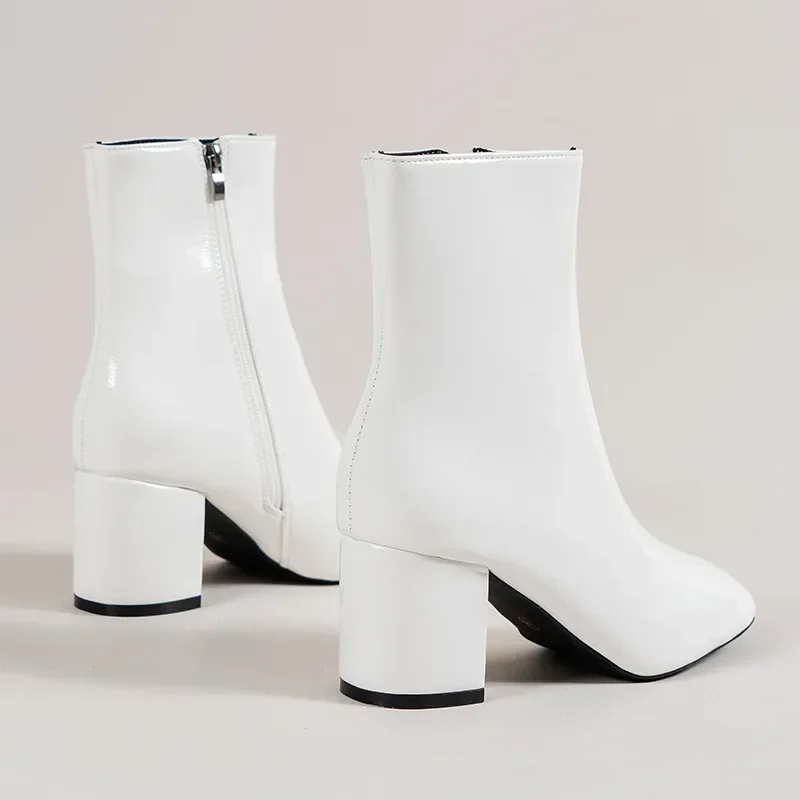 White Ankle Boots for Women  Side Zipper Stretch Middle Heel Large Size Short Boot Fashion Pointed Shoes