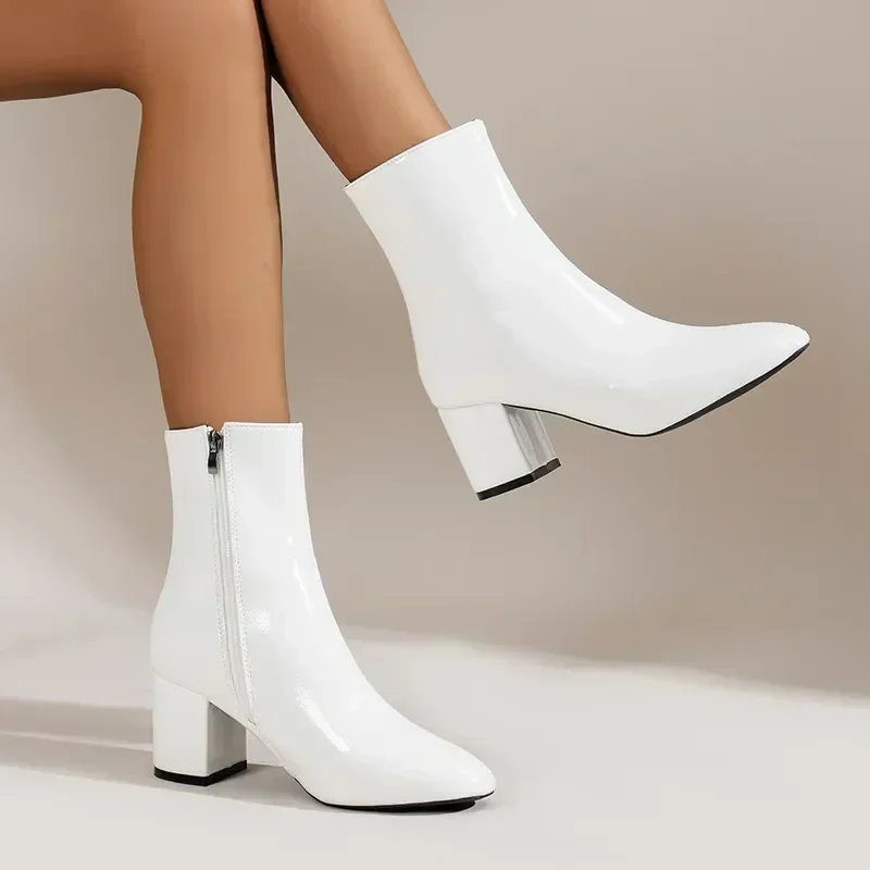 White Ankle Boots for Women  Side Zipper Stretch Middle Heel Large Size Short Boot Fashion Pointed Shoes